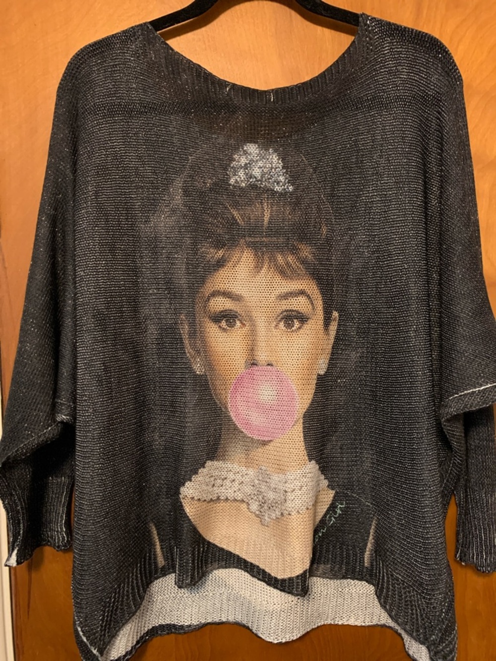 Black Graphic Knit Sweater with Audrey Hepburn Bubblegum Motif